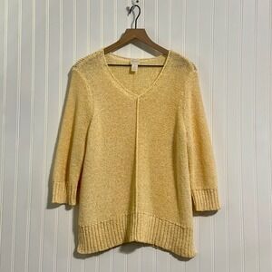 Chico's Womens V Neck Sweater Large Yellow Cotton Knit Coastal Grandmother Soft